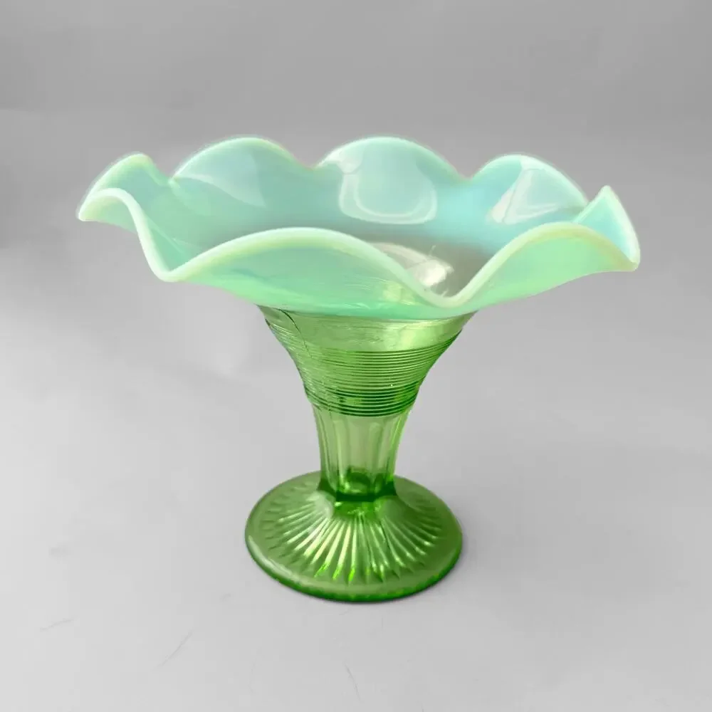VTG 60s Northwood Glass Green Opalescent Roulette Vase Ruffled Edge Candy Dish